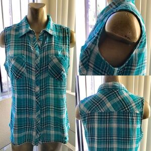 Denver Hayes VINTAGE 80s Plaid WESTERN Style SLEEVELESS Snap Button TOP Size 7